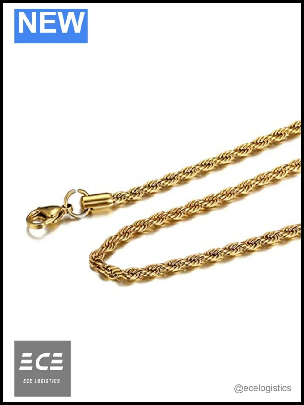 18k Gold Plated 3mm Rope Chain Necklace Spring Ring 22 in